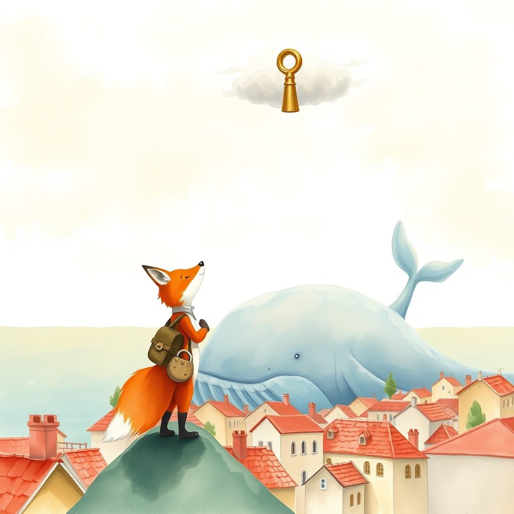 Watercolour: a little fox with a satchel, standing on the rooftops of a seaside town, looks up at a golden lock floating in a cloud; a giant whale rests behind the town.