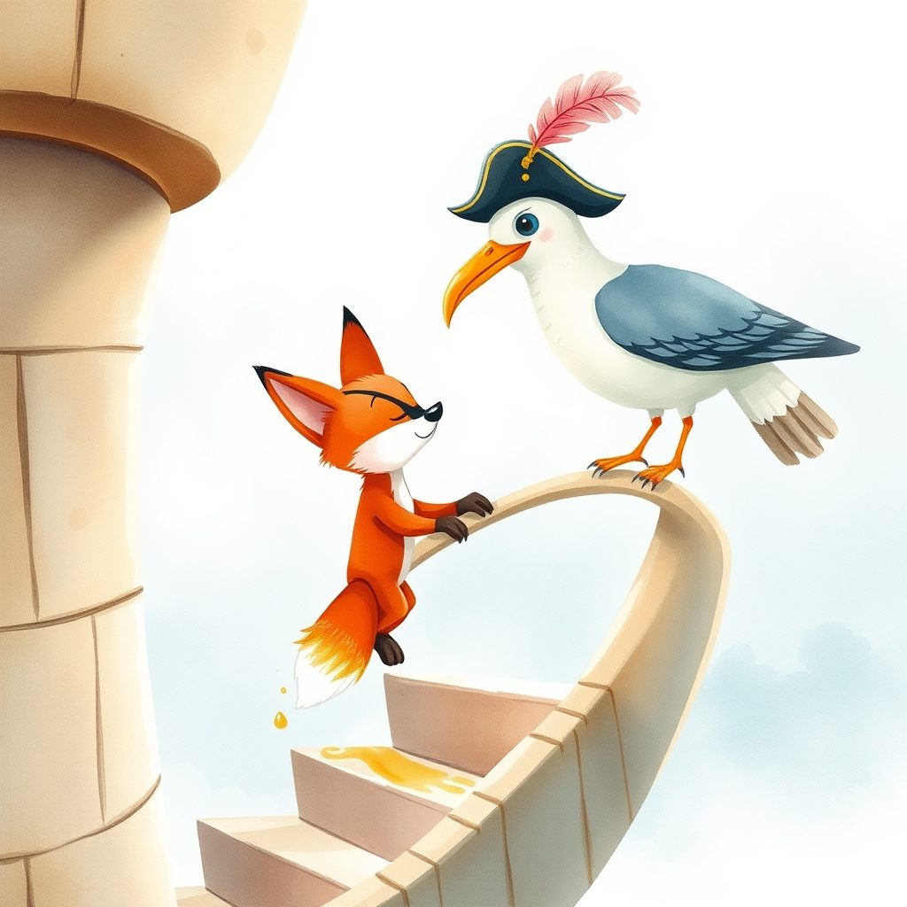 Watercolour: on a stone staircase climbing into the sky, the little fox clings to the handrail facing a seagull in a feathered tricorne hat; golden jam drips down the steps.