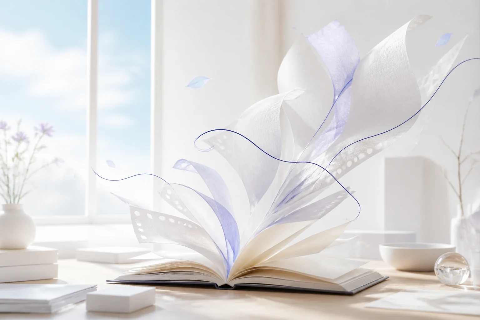 Un livre ouvert dont les pages se lèvent dans la lumière